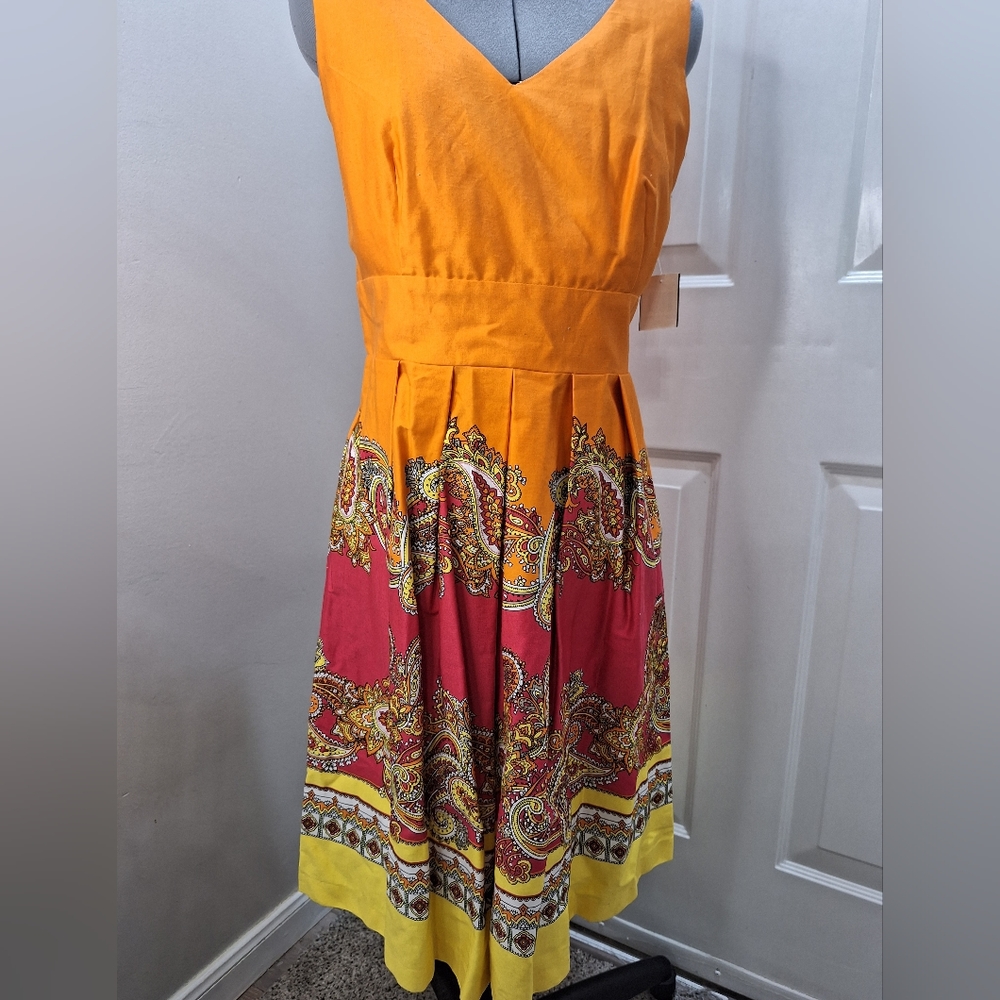 Spence Orange Double V Neck Dress w/ Colorful Graphics Size 10